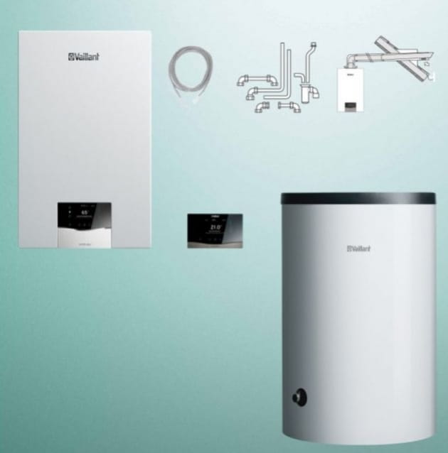 Vaillant VC 15CS/1-5 + VIH R 200/6B + VRC 720 sensoCOMFORT + zestaw przez ścianę lub dach (Pakiet)